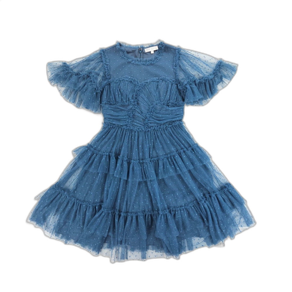 NEW Ivy City Co Whimsical Short Dress Tiered Mini Blue Romantic Coquette Boho